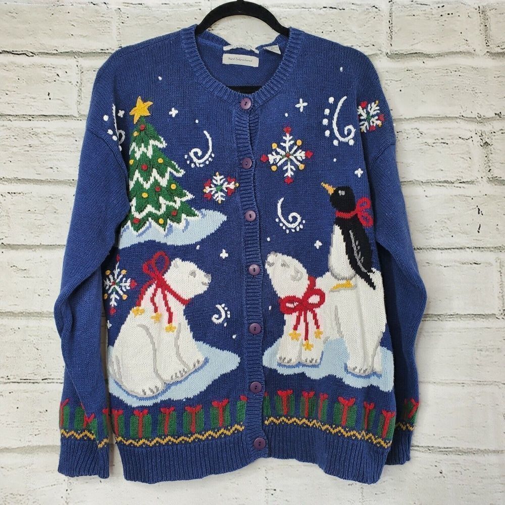 Vtg Northern Isles Cardigan Sweater Large Blue Christmas Snow Village Hand Knit